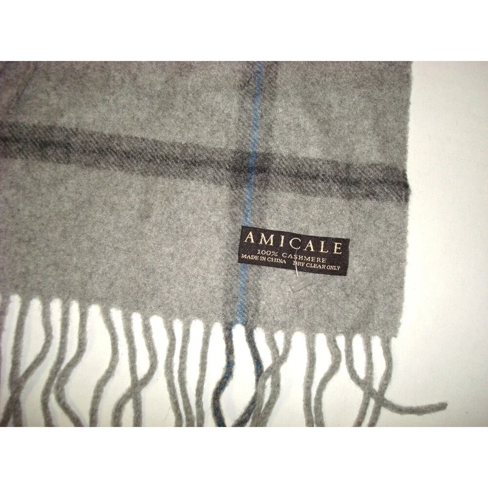 New Amicale 100% Cashmere Scarf Mens Womens 60 x 12 Gray Blue Black Fringe Tan